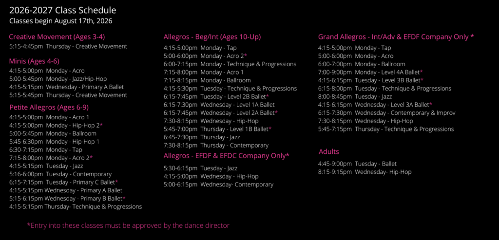 En Face Studios 2026-2027 Fall Class Schedule